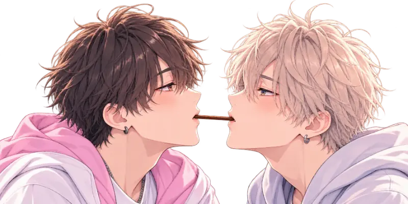 ポッキーを両端からくわえたふたりのイラスト